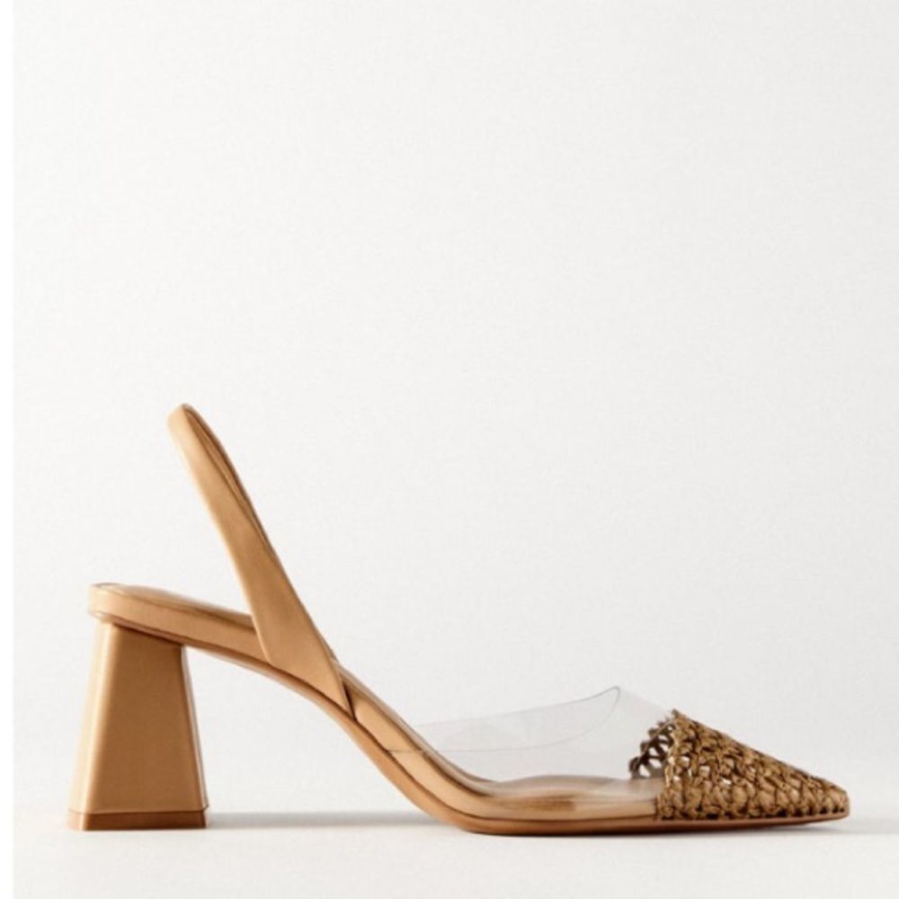 Zara Vinyl Nude Beige Block Heels Slingback Minimalist Sandals Shoes Size 11